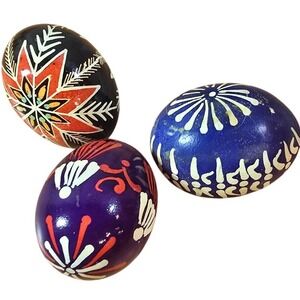 3 Hand-painted Wooden Easter Eggs 2.5" Black Purple‎ Blue